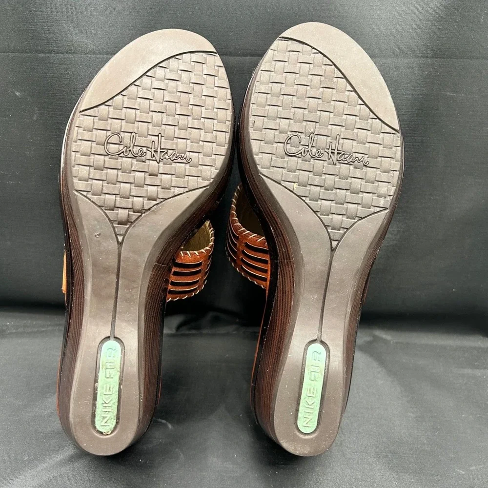 Cole Haan NikeAir Brown Leather Wedge Sandals Whipstitch Thong Platform 8B